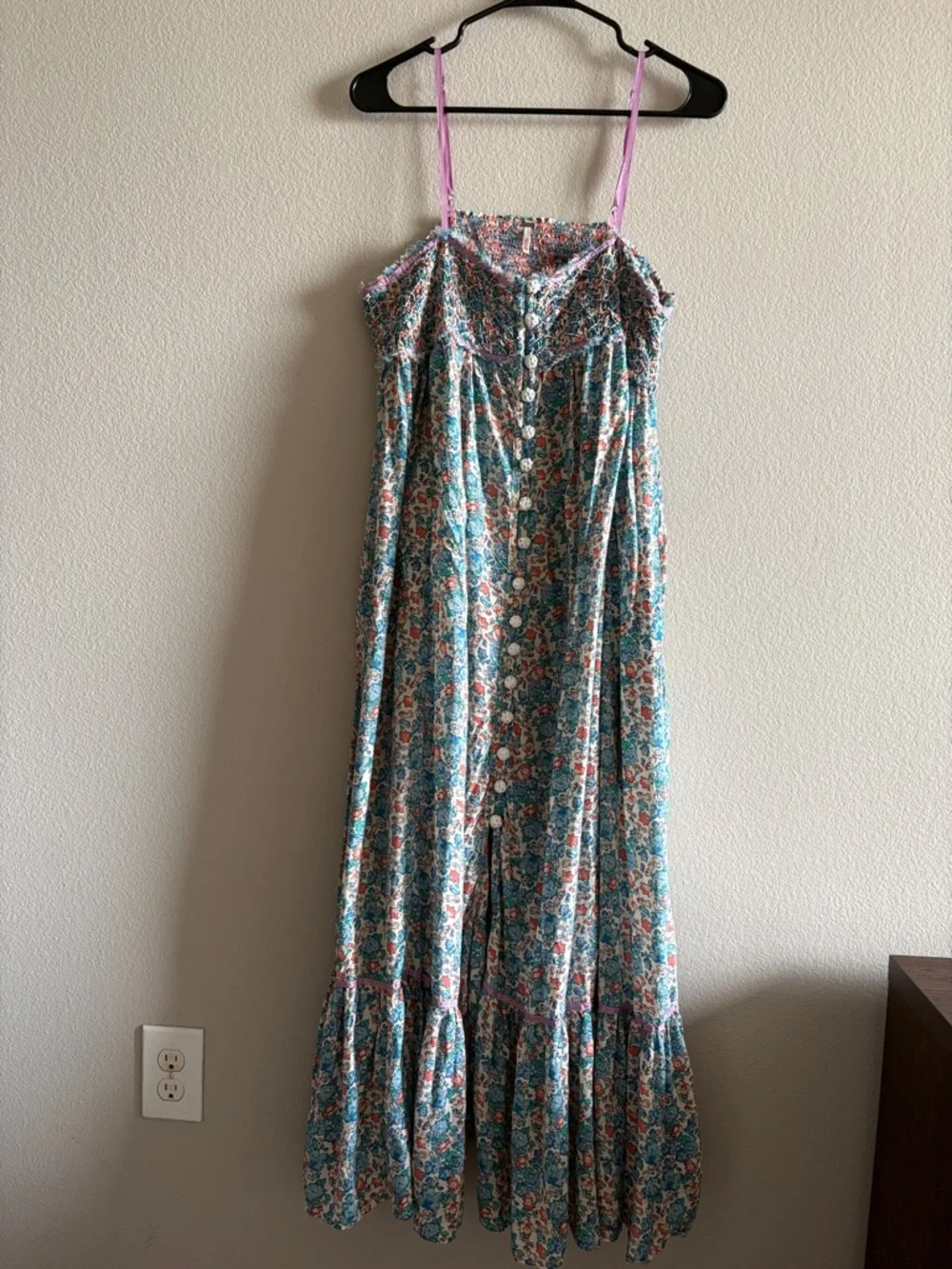 Free People Molly Jo Midi Dress Smocked Blossom Combo Blue Bohemian Size L - Picture 2 of 13